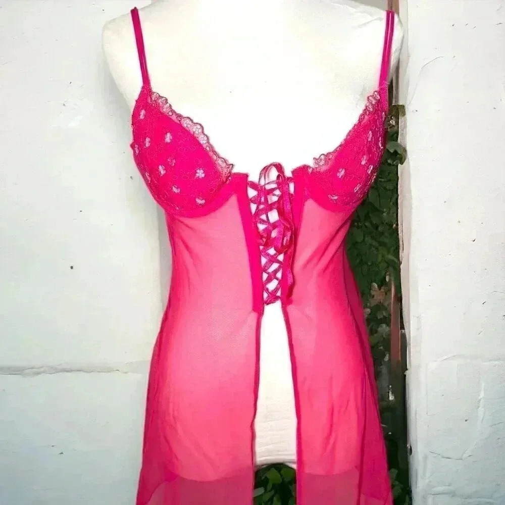 y2k Women Pink Sheer Babydoll Lace  Up Split Front Lingerie Top S